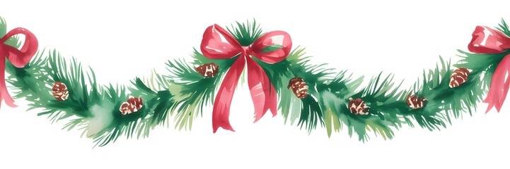 Watercolor christmas garland with pine branches, cones and red bows isolated on white background