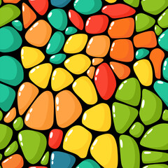Seamless pattern of colorful stone shapes, mosaics, and abstract forms in a flat style.