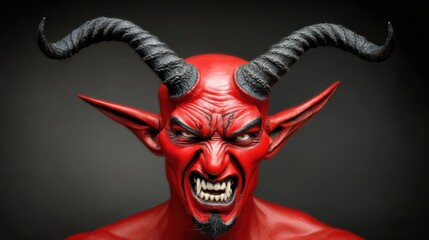 Creative representation of a red devil with horns and fierce expression, showcasing special effects makeup in a dramatic setting