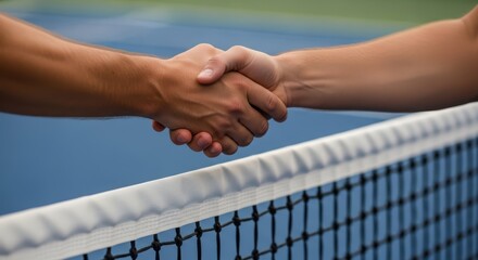 Handshake over tennis net between two young adult males on court