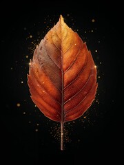 Golden-orange autumn leaf with shimmering particles on dark elegant background