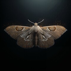 Detailed moth with soft fur and golden particles on dark atmospheric background