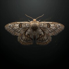Elegant moth with patterned wings and golden shimmering particles on dark background