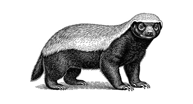 Detailed black and white honey badger engraving in vintage style