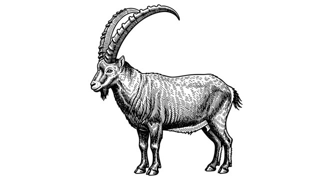 Intricate engraved style alpine ibex facing left on white background