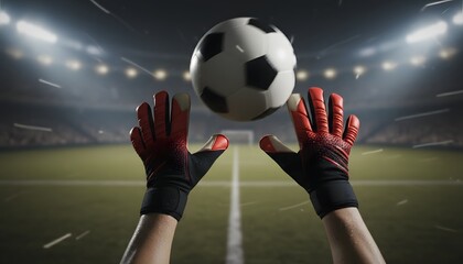 Goalkeeper wearing gloves preparing to catch soccer ball in stadium during soccer game as symbol of professional sport