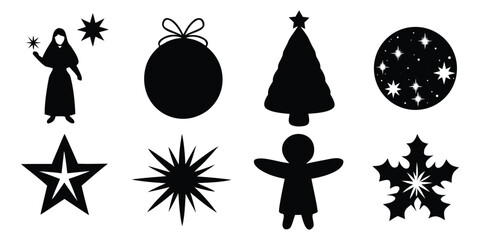 Black silhouette christmas icons and shapes on white background