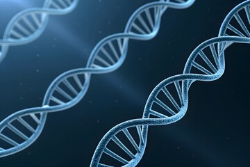 Glowing 3D DNA double helix strands on dark background representing genetic science, biotechnology, and molecular research
