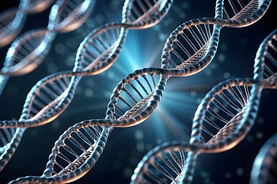 Multiple glowing DNA double helix strands in 3D on blue background symbolizing genetics, molecular biology, and scientific innovation - Powered by Adobe