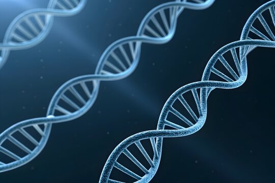 Glowing 3D DNA double helix strands on dark background representing genetic science, biotechnology, and molecular research