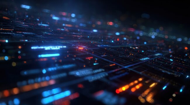 Abstract digital data streams with blue and orange light bokeh effects.