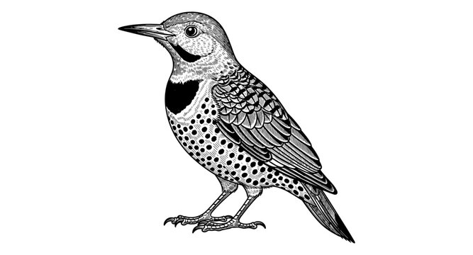 Detailed line art of northern flicker woodpecker with intricate patterns