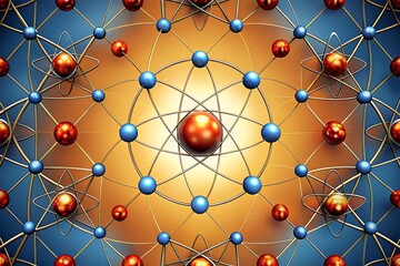 Stylized atomic model with red nucleus and blue electrons on radiant background illustrating scientific concepts in physics and chemistry
