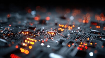 Close up of illuminated electronic circuit board with bokeh lights.