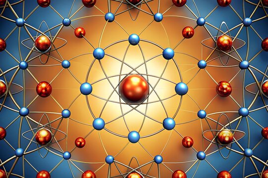 Stylized atomic model with red nucleus and blue electrons on radiant background illustrating scientific concepts in physics and chemistry - Powered by Adobe