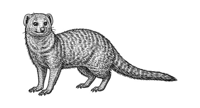 Detailed sketch of a mongoose in black and white artwork
