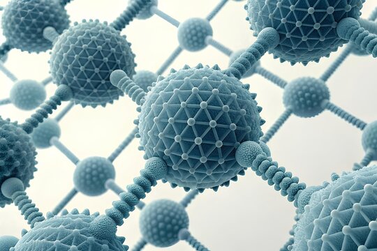 Stylized 3D molecular structure with spiky atoms and segmented bonds in blue tones representing nanotechnology and scientific visualization