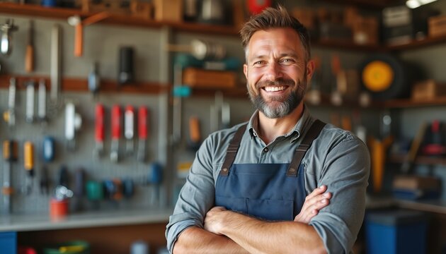 Smiling man with beard wears apron stands arms crossed in workshop full of tools. Male owner in store offers gear for repairs, home improvement projects. Small business represents skilled craft.