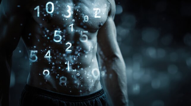 Belly With Digital Scale Numbers Overlay Illustrating BMI Calculations in a Futuristic Style and Setting