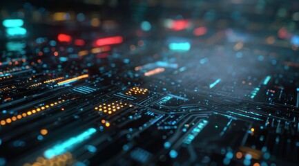 Abstract glowing digital circuit board with blue and orange lights
