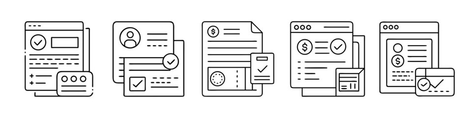 Fototapeta premium Business financial administrative document line icon set