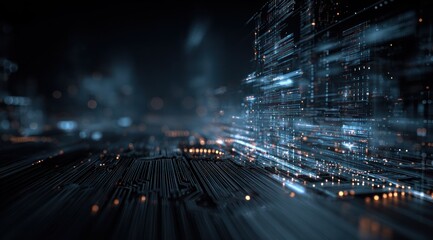 Abstract digital data flow over dark circuit board background