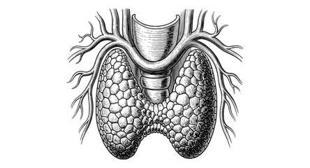 Intricate vintage style drawing of the thyroid gland with vascular details