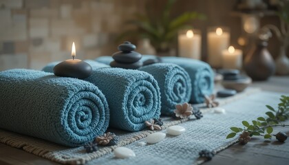 Four rolled blue towels arranged neatly on a table. Each towel is topped with a smooth black stone. Candles and decorative elements create a calming atmosphere.