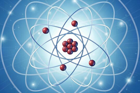Stylized atomic model with red nucleus and electrons in elliptical orbits illustrating atomic structure and quantum energy levels