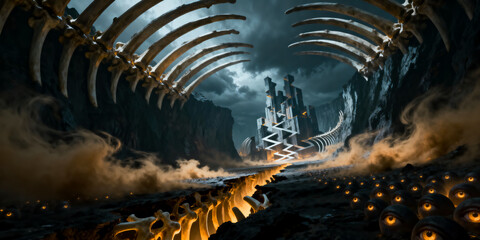 Surreal canyon of giant bones with glowing fissure, floating dust clouds, and distant angular fortress
