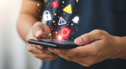 Mobile cybersecurity alert concept showcasing digital warning icons, security risks, threat notifications, and data protection visuals emerging from smartphone screen interaction.