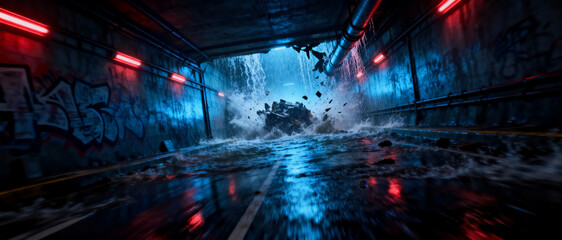 Flooded tunnel with collapsing ceiling and debris crashing into water under blue and red neon lights
