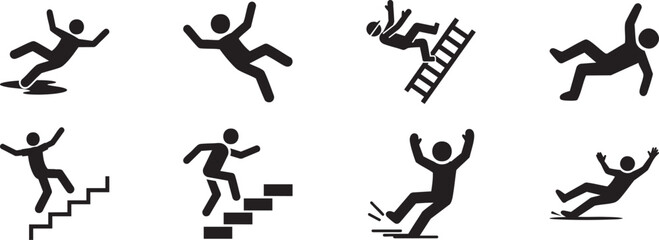 Workplace Safety Icons: Wet Floor Tripping on Stairs Falling from Ladder Caution Triangle with Falling Man Slippery Surface