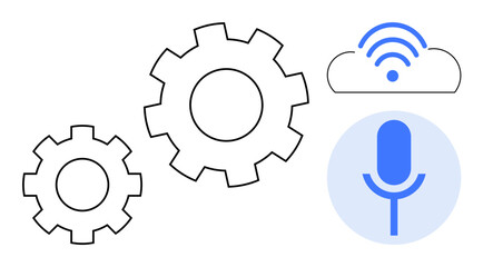 Gear symbols, cloud with wireless signal, and microphone icon representing automation, AI, cloud services, voice technology, smart systems, IoT, and seamless connectivity in simple flat metaphor