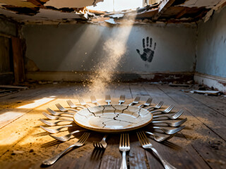 Cracked ceramic plate with surrounding forks in abandoned dusty room
