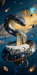 Cosmic serpent coiled around marble platform with mysterious door in floating space environment.