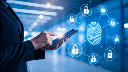 Woman using smartphone with fingerprint scanning and data protection concept