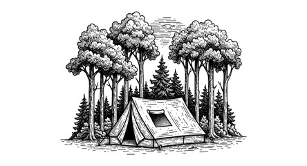 Hand drawn camping scene with tent and forest landscape in black and white