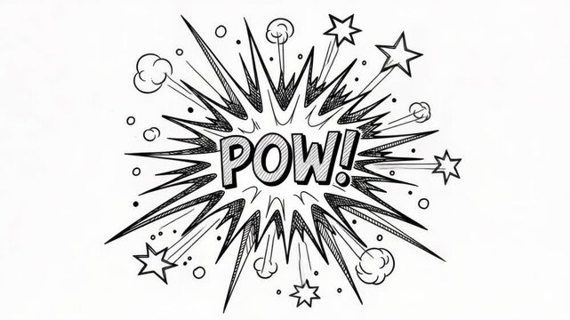 Hand drawn comic book style explosion sound effect pow isolated on white, 4k video
