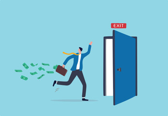 Escape or run away before market drop, market timing to sell and get profit, exit with money to avoid financial crisis concept, success businessman investor run away with his profit money to exit door