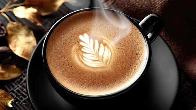 Steaming aromatic coffee beverage with intricate leaf latte design in a sleek black ceramic cup, surrounded by fragrant roasted whole beans and vibrant fall leaves, creating 