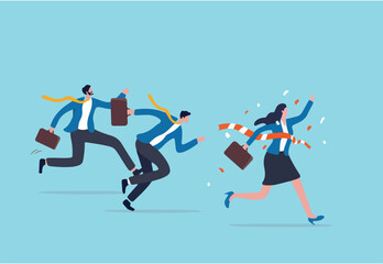 Woman success story, female leadership or business victory, gender equality, feminism power to win competition concept, confident businesswoman reach finishing line win competition over men colleague