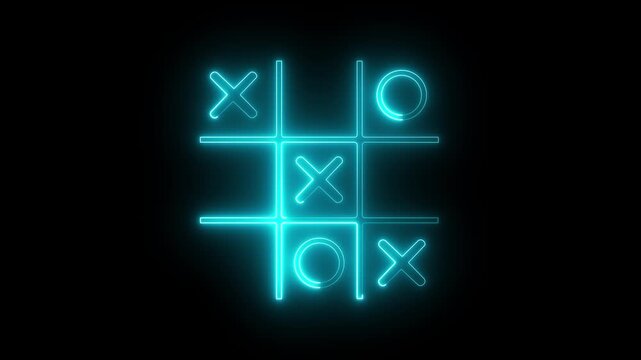 Glowing neon Tic tac toe game icon isolated on black background. Tic tac toe game icon animation. XOX game, educational game animation.