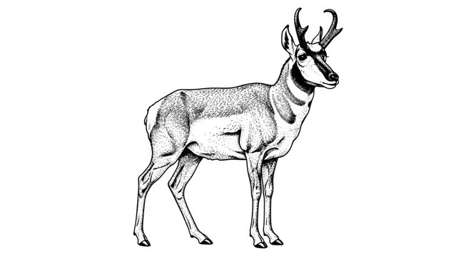 Detailed engraved pronghorn drawing: intricate wildlife design with antelope features