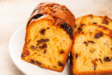 Fruit cake sweet pastry fruitcake dessert dried fruits, nuts traditional baked goods natural product tasty snack fresh delicious gourmet food background on the table rustic top view copy space