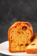 Fruit cake sweet pastry fruitcake dessert dried fruits, nuts traditional baked goods natural product tasty snack fresh delicious gourmet food background on the table rustic top view copy space