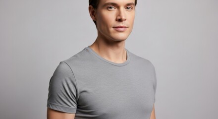 Portrait of a confident young man wearing a simple gray T-shirt