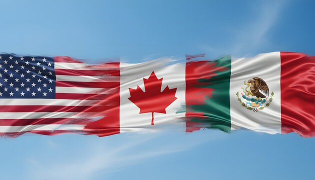 Usmca flags of united states of america canada and mexico symbol of new trade agreement on blue sky waving fabric backdrop