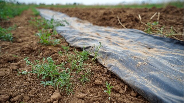 Fresh green plants emerge from rich soil next to a covered row, promising a bountiful harvest in the field, representing growth and agricultural innovation
