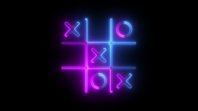 Glowing neon Tic tac toe game icon isolated on black background. Tic tac toe game icon animation. XOX game, educational game animation.
